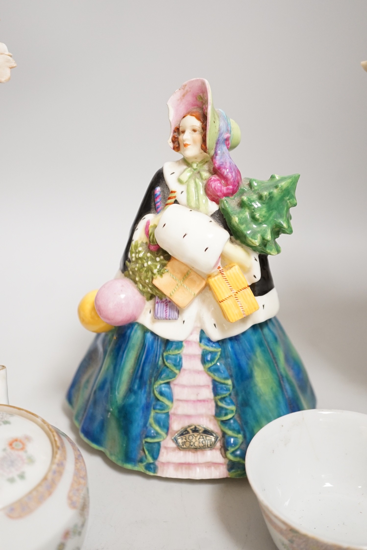 Continental porcelain figures, a Lalique figure of a crouched figure, etc.